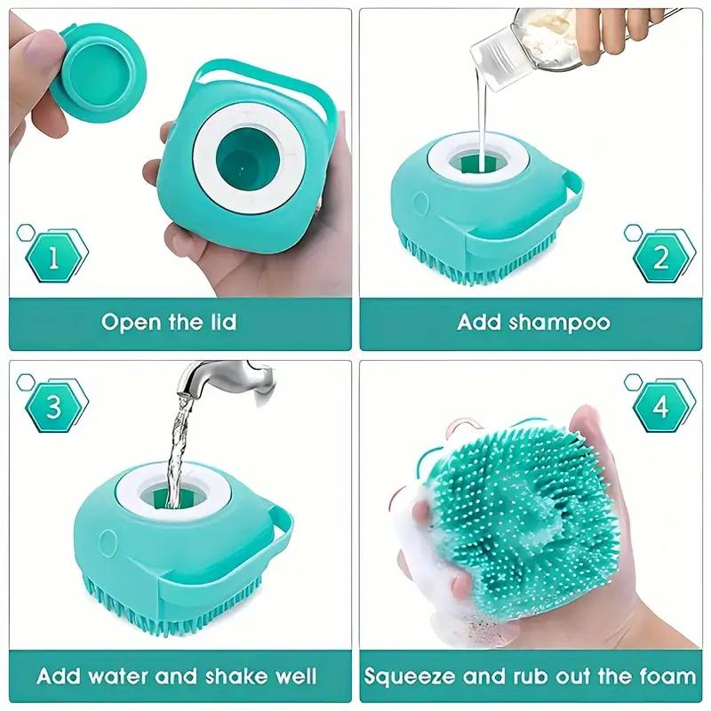 Silicone Pet Bath Brush & Shampoo Dispenser - Gentle Massage Grooming Tool for Dogs & Cats, Ergonomic Waterproof Brush with Easy- Detachable Head