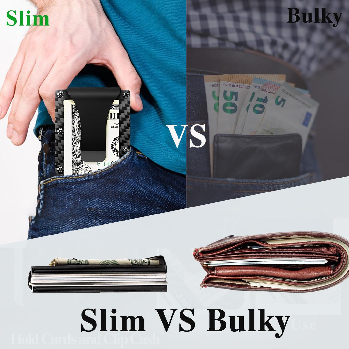 Carbon Fiber Wallet, Metal Money Clip Wallet, Minimalist Wallet for Men, Slim Aluminum Holder Pocket Cash Credit Card Holder compact wallet