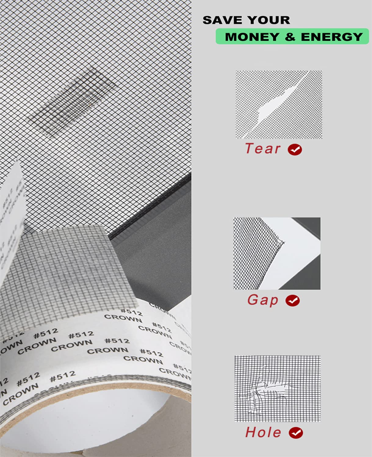 Window Screen Repair Tape, Adhesive Gray Screen Repair Strip, Durable Fiberglass Mesh Tape for Restoring Window and Door Screens