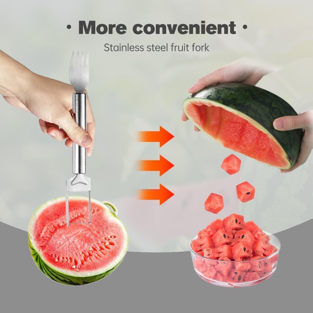 Watermelon Fork Slicer Cutter Slicer Tool, 2 -in-1 Stainless Steel Fruit Cutter, Dual Head Fruit Forks Slicer Knife with Round Handle,Fruit Cutting Kitchen Utensils,Portable Stvlish