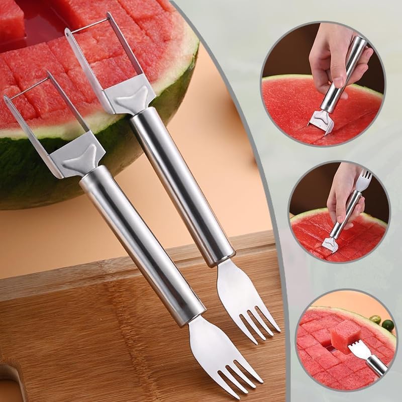 Watermelon Fork Slicer Cutter Slicer Tool, 2 -in-1 Stainless Steel Fruit Cutter, Dual Head Fruit Forks Slicer Knife with Round Handle,Fruit Cutting Kitchen Utensils,Portable Stvlish