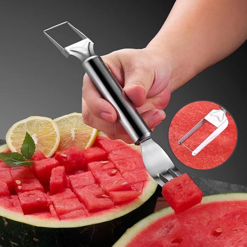 Watermelon Fork Slicer Cutter Slicer Tool, 2 -in-1 Stainless Steel Fruit Cutter, Dual Head Fruit Forks Slicer Knife with Round Handle,Fruit Cutting Kitchen Utensils,Portable Stvlish
