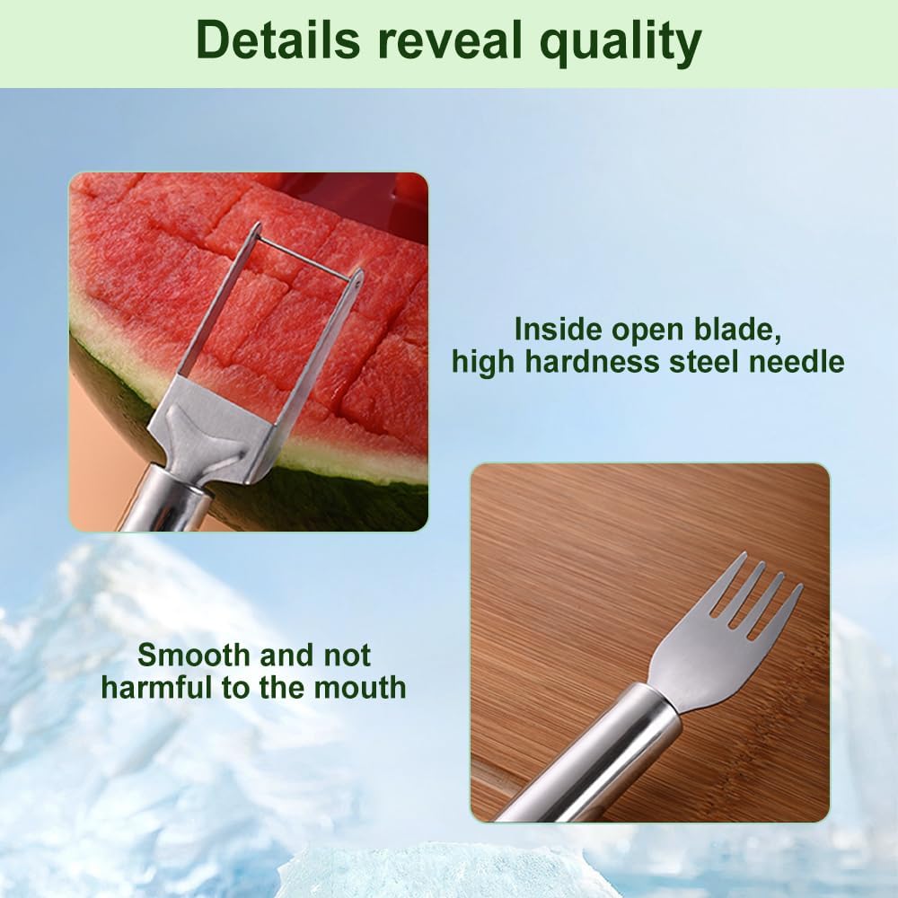 Watermelon Fork Slicer Cutter Slicer Tool, 2 -in-1 Stainless Steel Fruit Cutter, Dual Head Fruit Forks Slicer Knife with Round Handle,Fruit Cutting Kitchen Utensils,Portable Stvlish