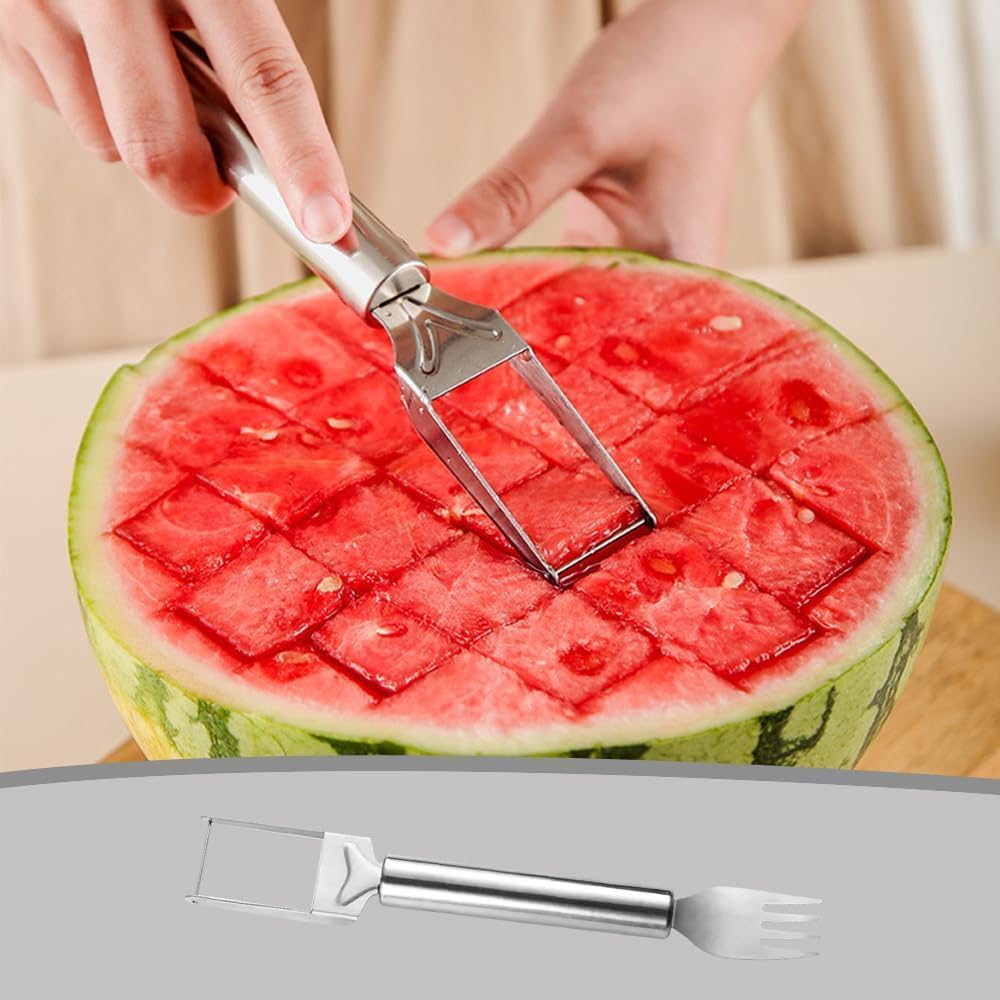 Watermelon Fork Slicer Cutter Slicer Tool, 2 -in-1 Stainless Steel Fruit Cutter, Dual Head Fruit Forks Slicer Knife with Round Handle,Fruit Cutting Kitchen Utensils,Portable Stvlish