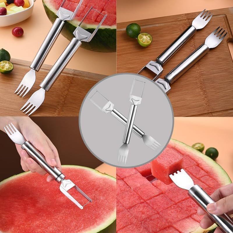 Watermelon Fork Slicer Cutter Slicer Tool, 2 -in-1 Stainless Steel Fruit Cutter, Dual Head Fruit Forks Slicer Knife with Round Handle,Fruit Cutting Kitchen Utensils,Portable Stvlish