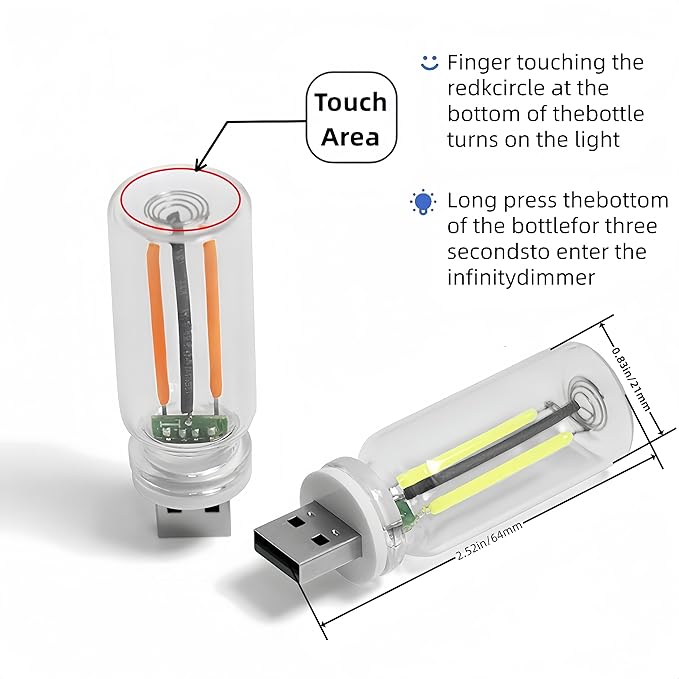 Car USB Night Light Touch Dimmable LED Filament Lamp Portable Lighting Plug and Play Warm Atmosphere Light for Car Bedroom