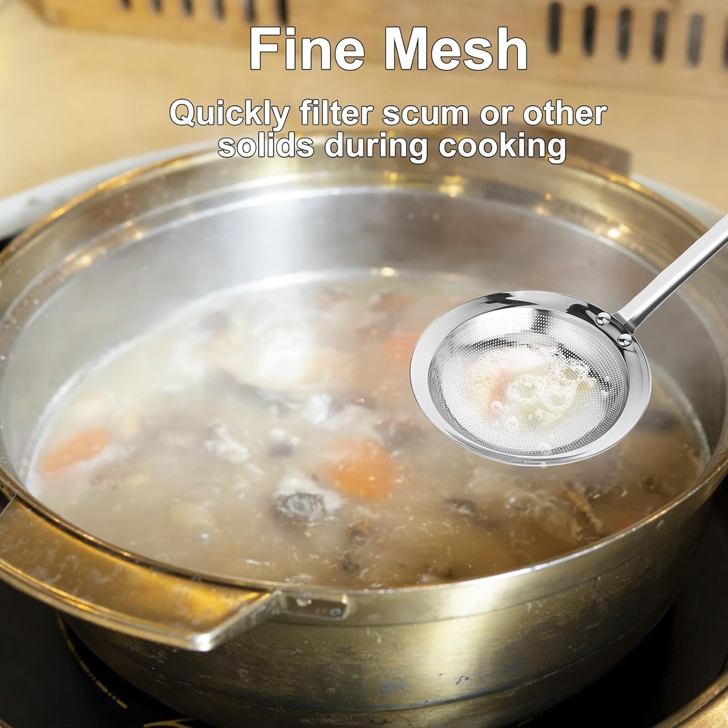 Filter Scoop Stainless Steel Fat Skimmer Spoon Fine Mesh Strainer Food Strainer With Ergonomic Handle Kitchen Oil Skimmer Strainer