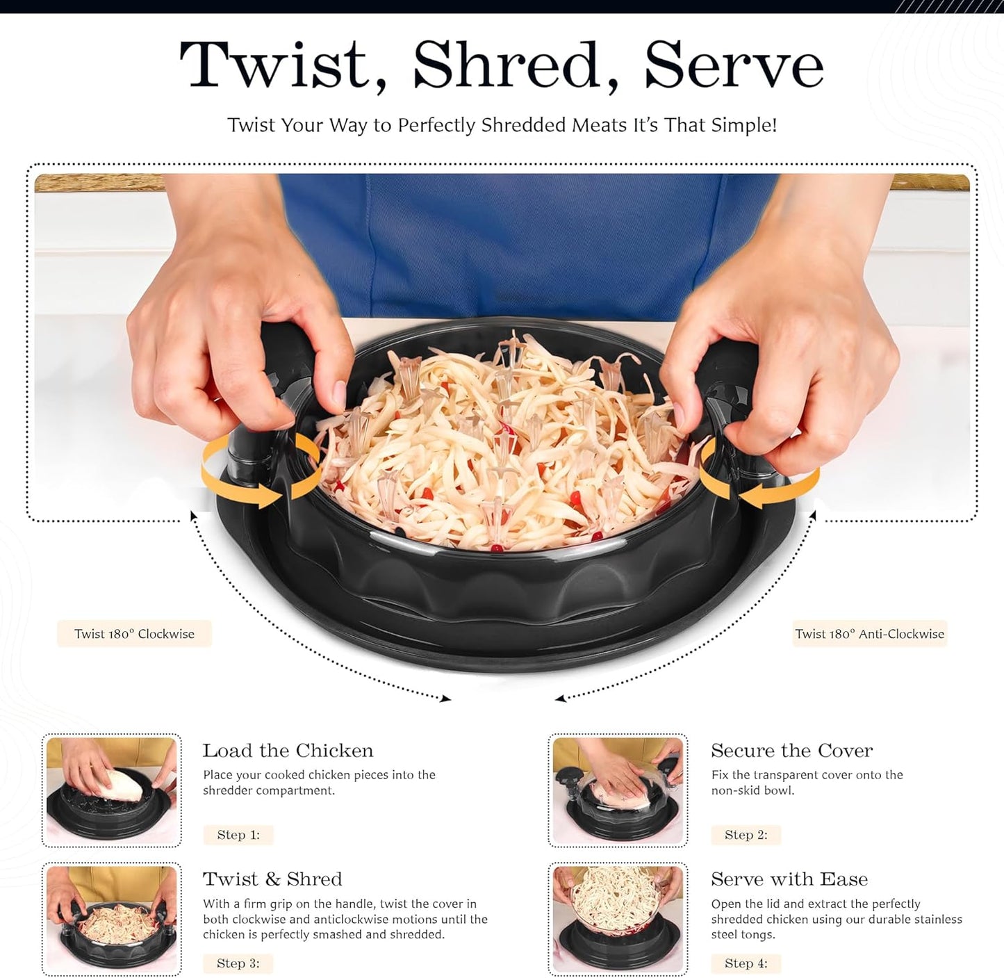 Large Chicken Breast Shredder Tool, Transparent Lid Meat Grinder, Anti - Slip Strip,Ergonomic Handle, BPA Free, Perfect Utensils for Pork, Beef, Chicken. Kitchen Gadaets