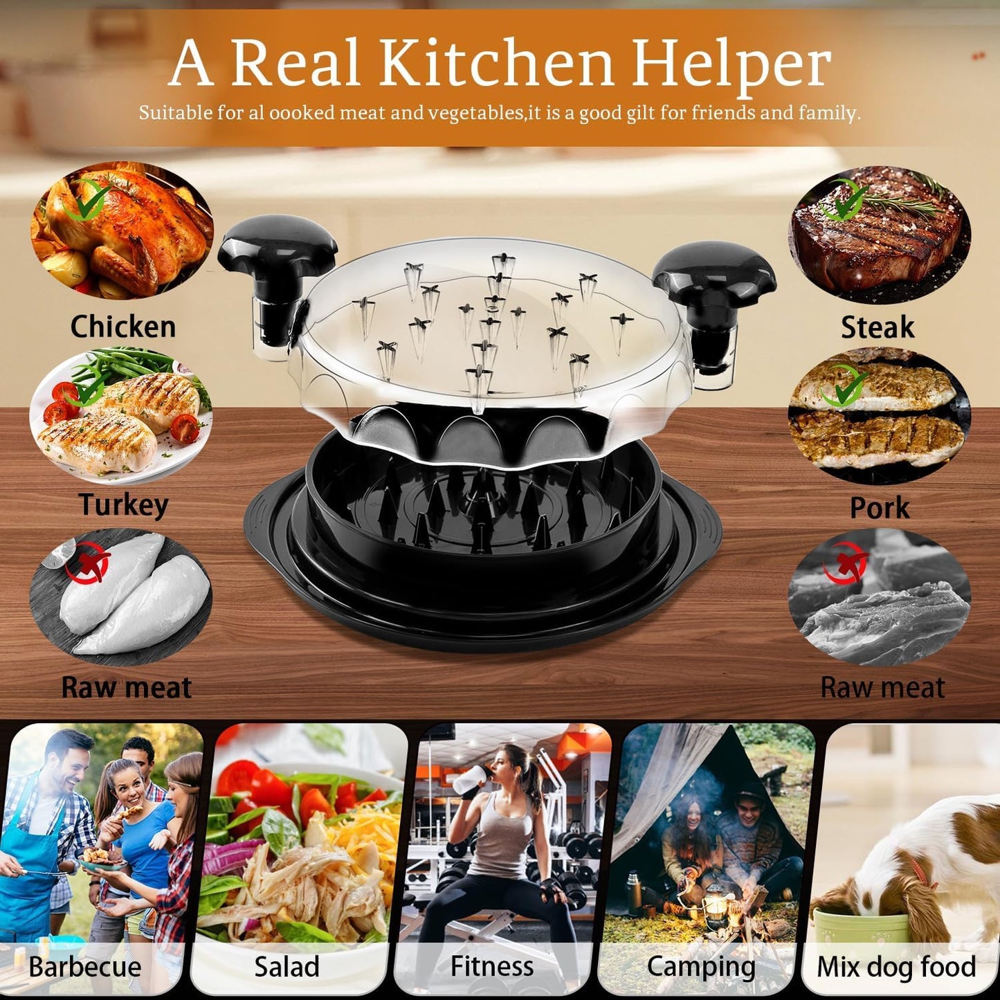 Large Chicken Breast Shredder Tool, Transparent Lid Meat Grinder, Anti - Slip Strip,Ergonomic Handle, BPA Free, Perfect Utensils for Pork, Beef, Chicken. Kitchen Gadaets