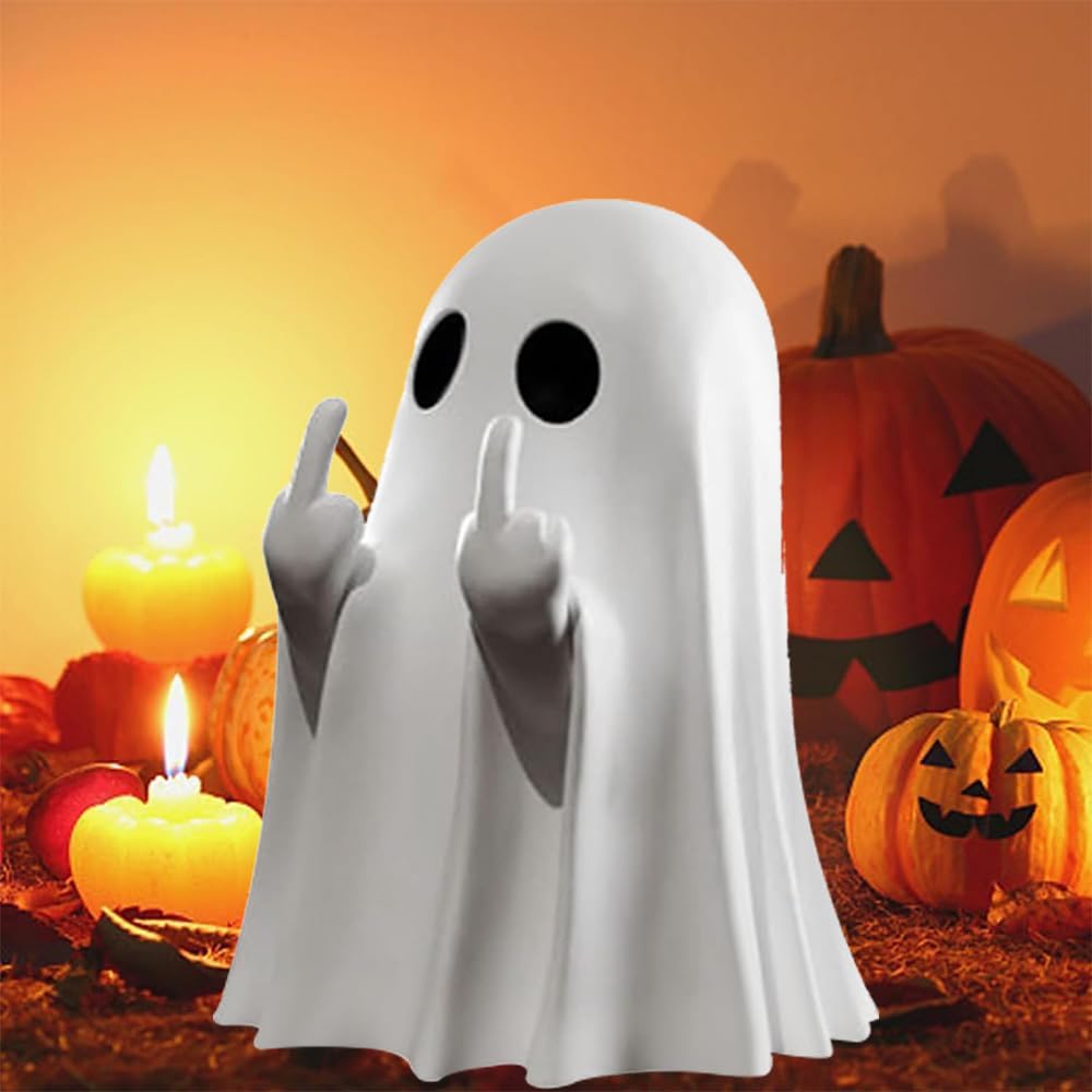 Halloween Ghost Figurine-Spooky Resin Middle Finger Ghost Statue, Cute Ghost Decor for Halloween Decorations, Porch and Indoor Creepy Home Decor (Middle Finger Ghost)