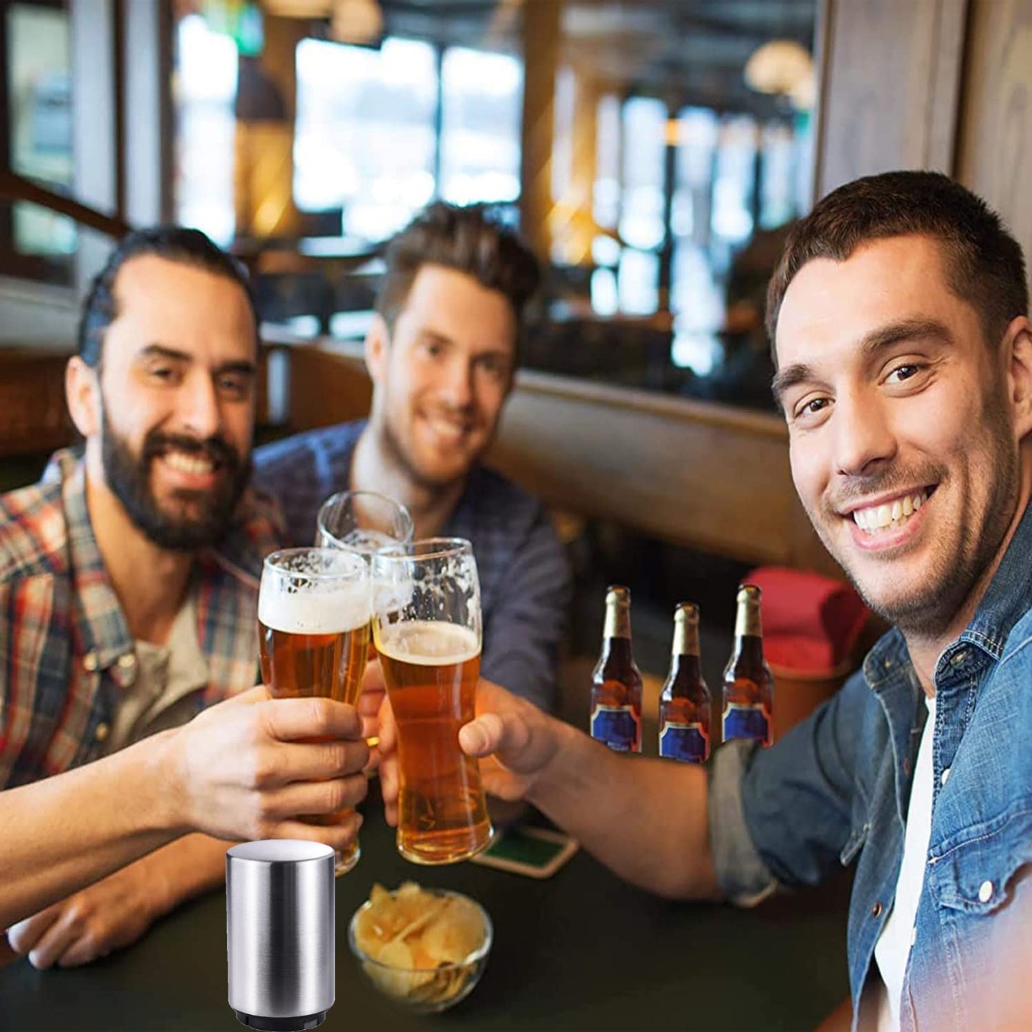 Beer Bottle Opener, Magnetic Automatic Stainless Steel Push Down Opener, No Cap Can Escape, Quick Open for Kitchen, Home Bar & Restaurant Utensils