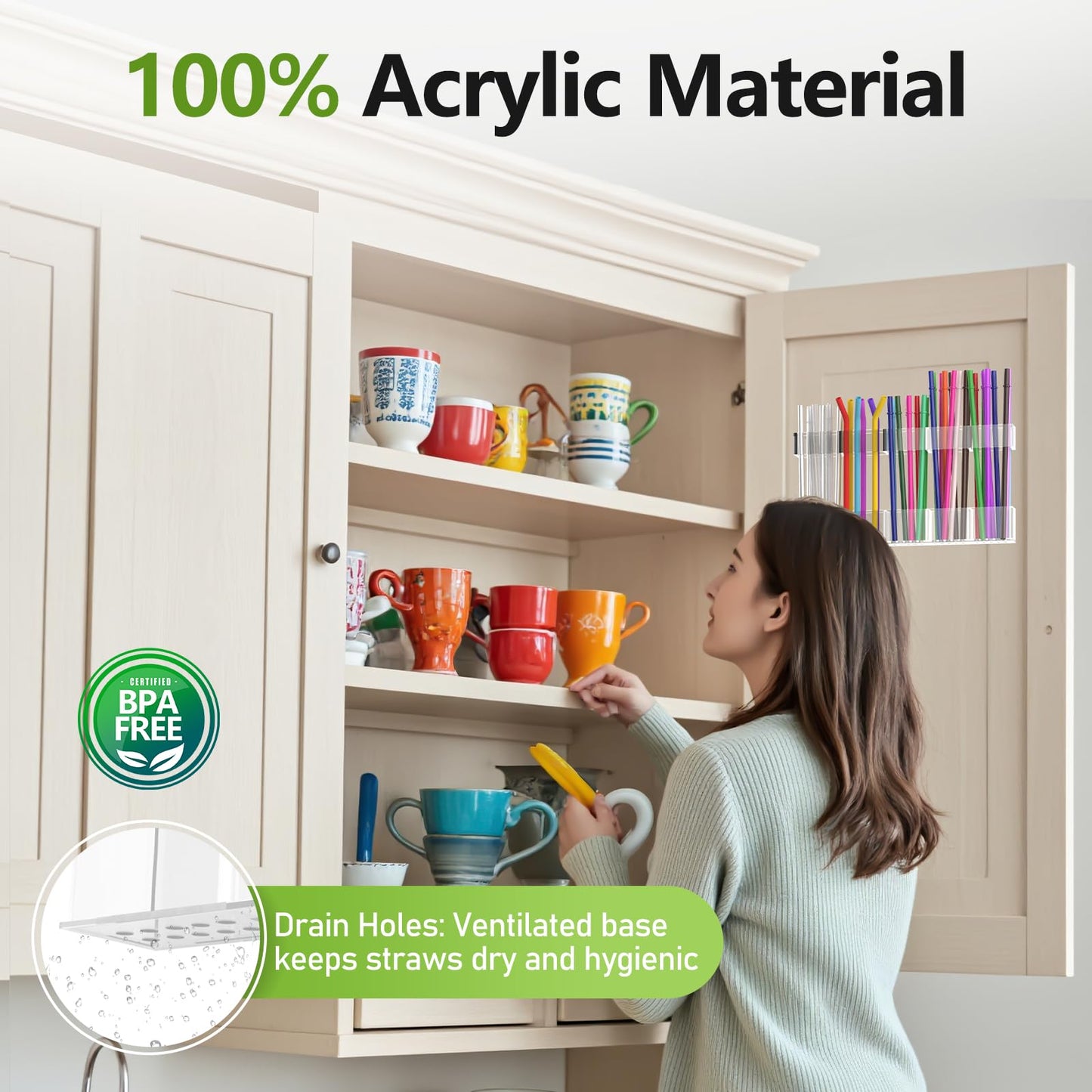 Straw Holder for Cabinet Door 9.8" Adjustable Two-Part Large Acrylic Straws Organizer with Ultra Sticky Adhesive Strips 2025 Reusable Straw Storage for Kitchen Cupboard Clear
