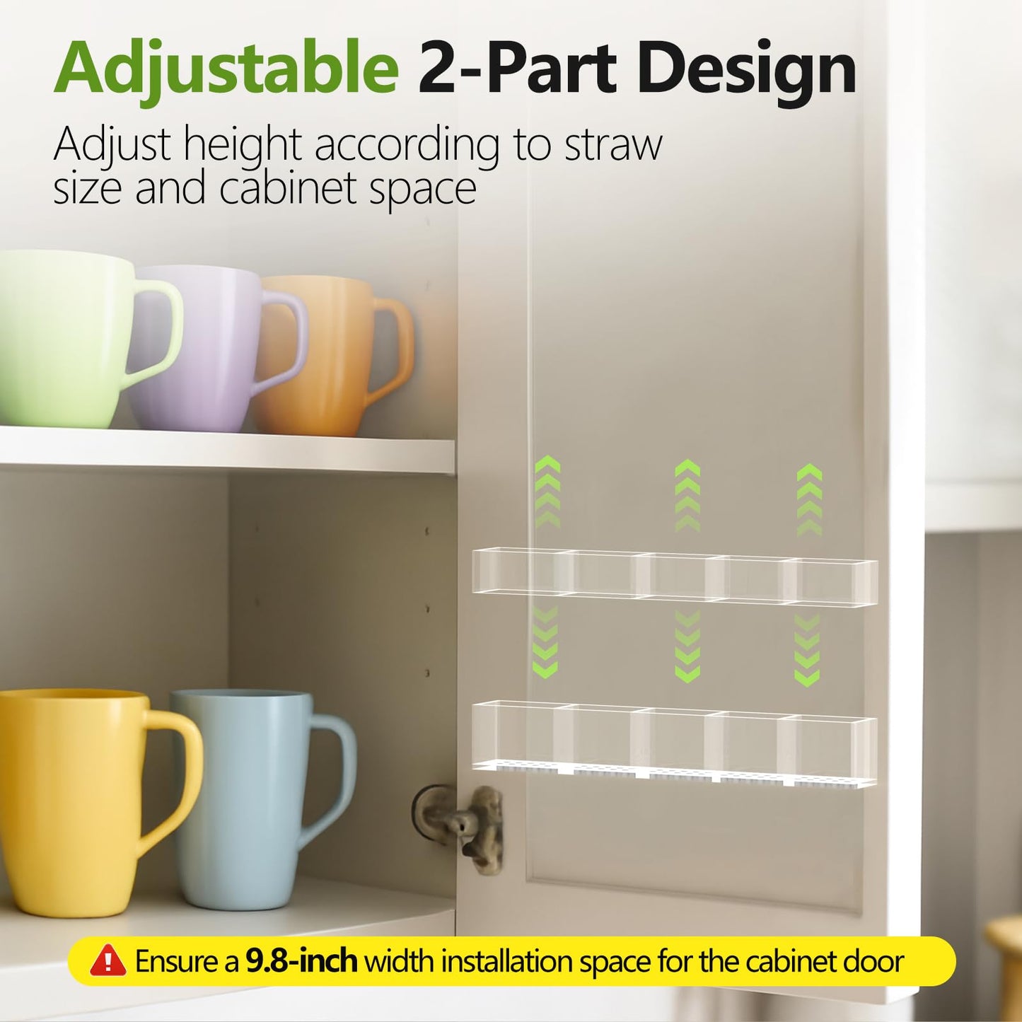 Straw Holder for Cabinet Door 9.8" Adjustable Two-Part Large Acrylic Straws Organizer with Ultra Sticky Adhesive Strips 2025 Reusable Straw Storage for Kitchen Cupboard Clear