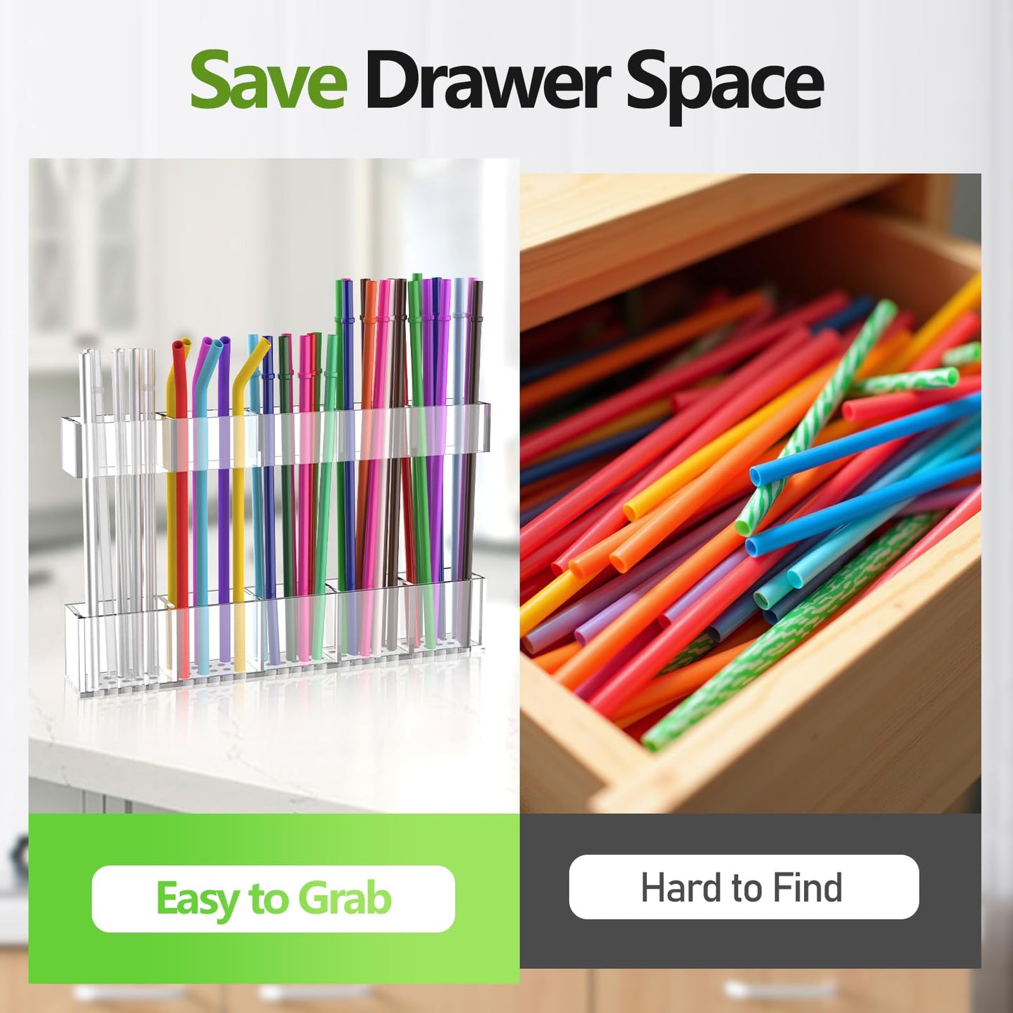 Straw Holder for Cabinet Door 9.8" Adjustable Two-Part Large Acrylic Straws Organizer with Ultra Sticky Adhesive Strips 2025 Reusable Straw Storage for Kitchen Cupboard Clear