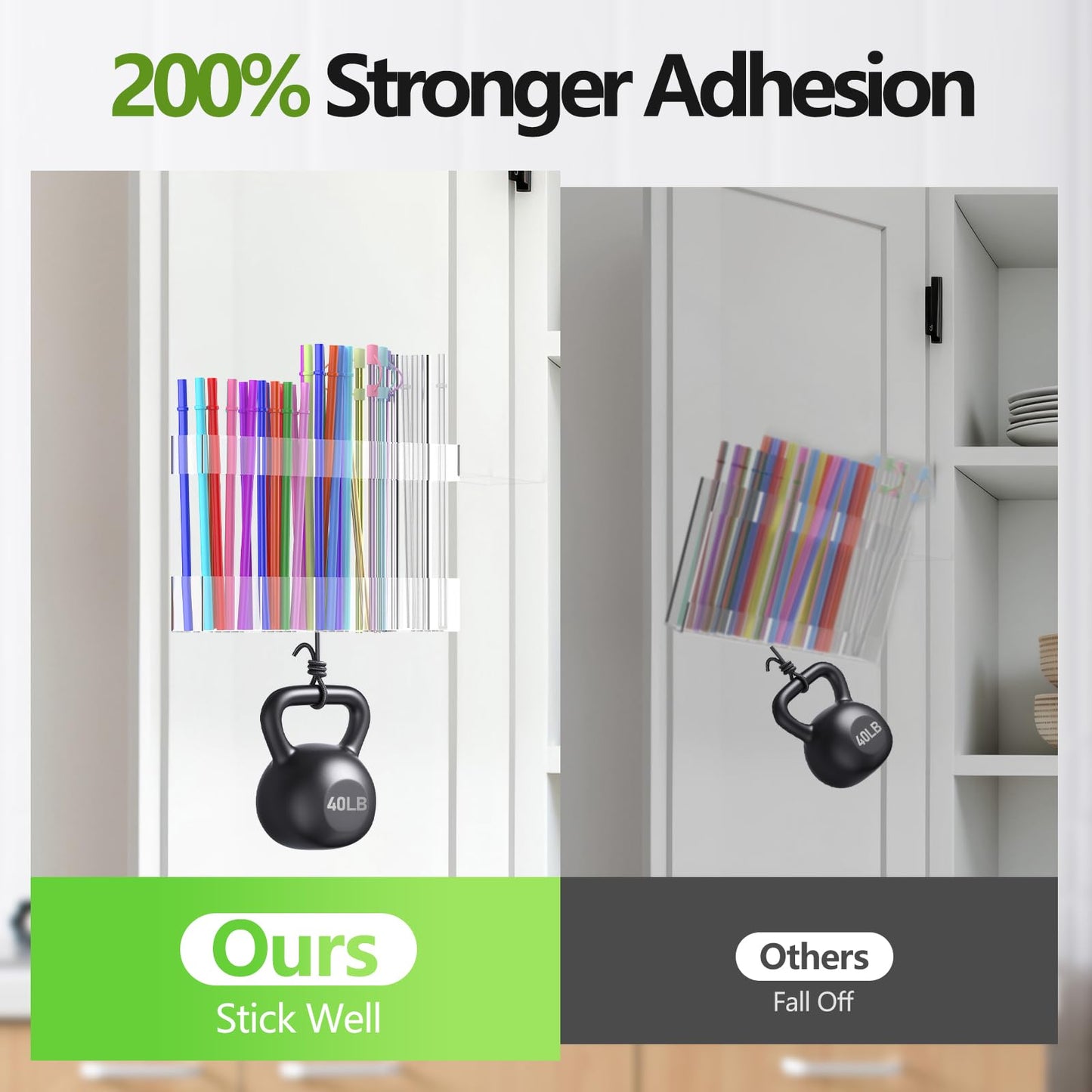 Straw Holder for Cabinet Door 9.8" Adjustable Two-Part Large Acrylic Straws Organizer with Ultra Sticky Adhesive Strips 2025 Reusable Straw Storage for Kitchen Cupboard Clear