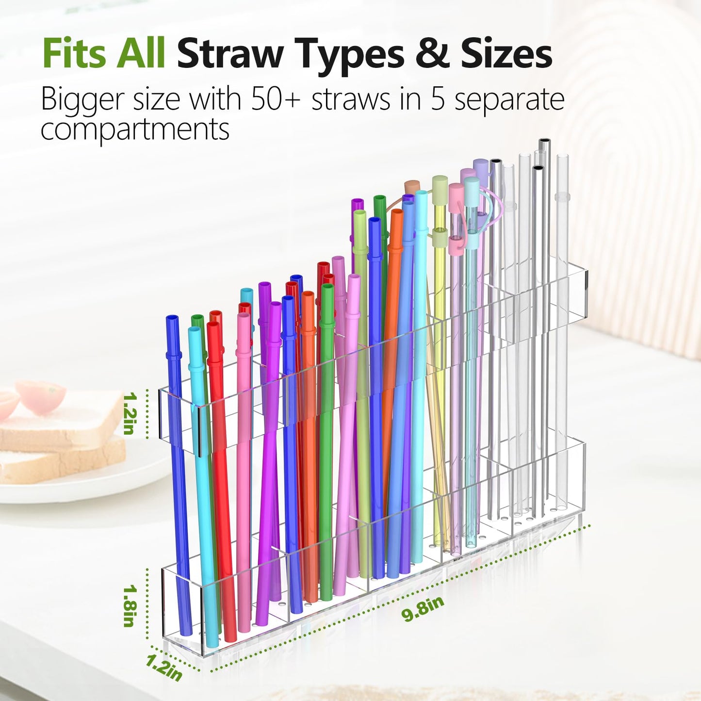 Straw Holder for Cabinet Door 9.8" Adjustable Two-Part Large Acrylic Straws Organizer with Ultra Sticky Adhesive Strips 2025 Reusable Straw Storage for Kitchen Cupboard Clear