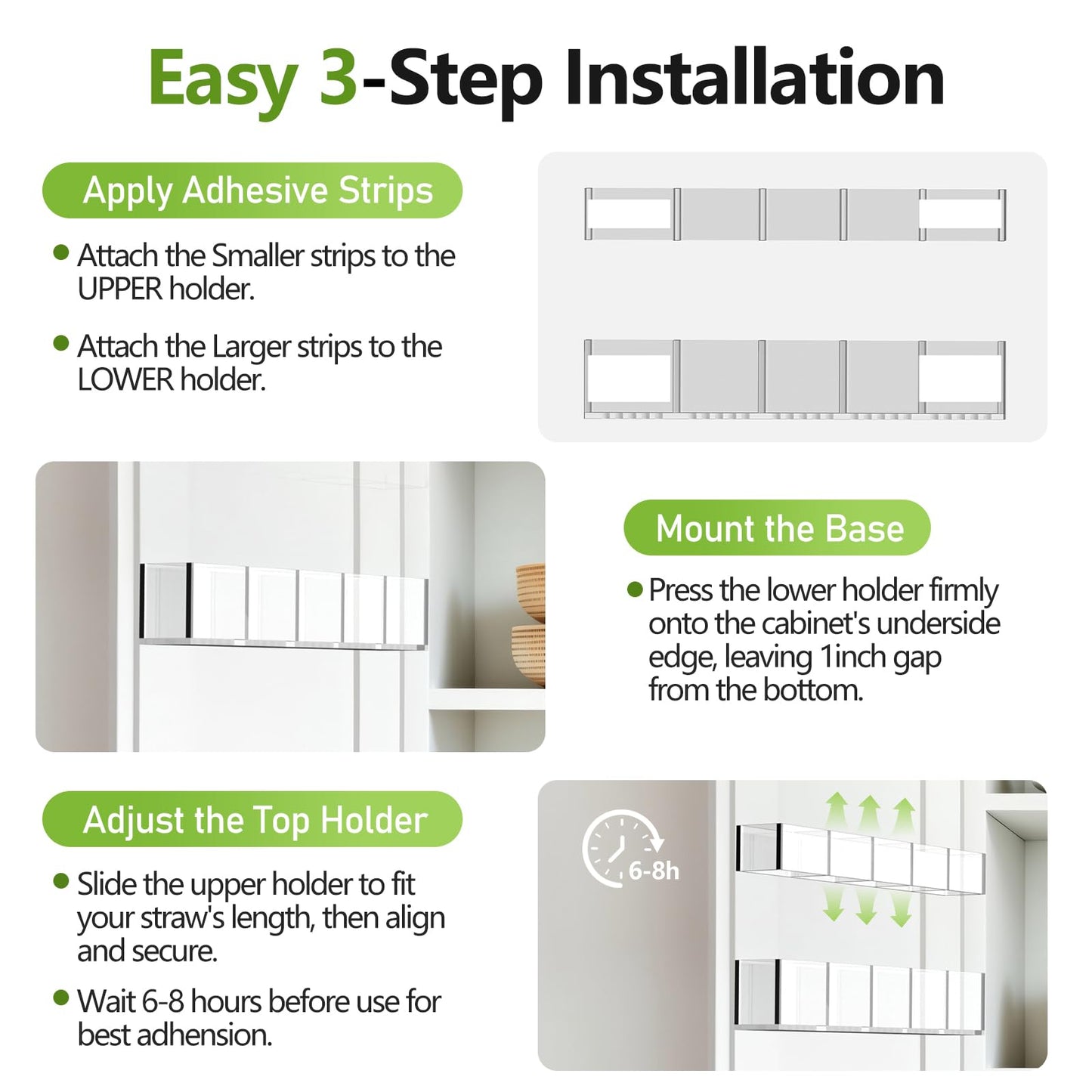 Straw Holder for Cabinet Door 9.8" Adjustable Two-Part Large Acrylic Straws Organizer with Ultra Sticky Adhesive Strips 2025 Reusable Straw Storage for Kitchen Cupboard Clear