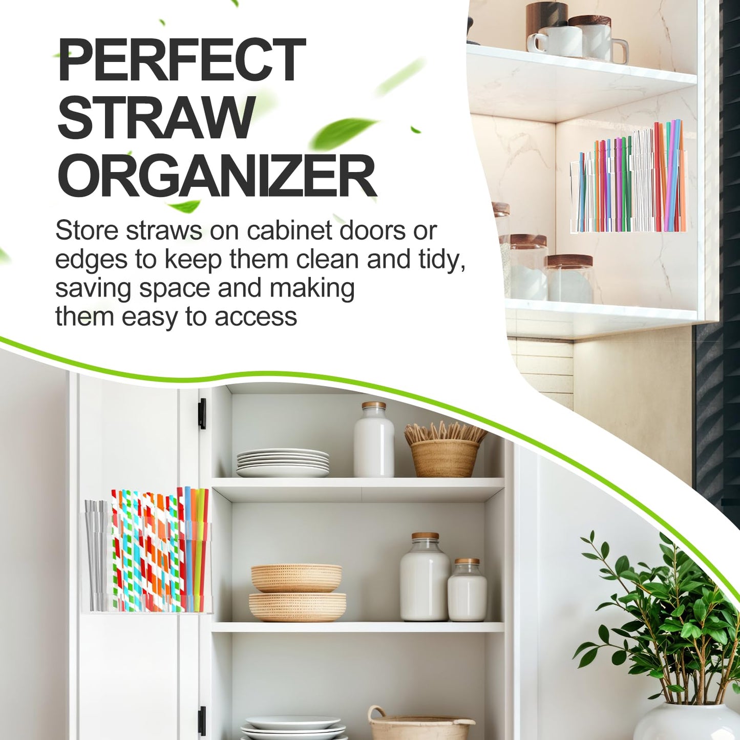 Straw Holder for Cabinet Door 9.8" Adjustable Two-Part Large Acrylic Straws Organizer with Ultra Sticky Adhesive Strips 2025 Reusable Straw Storage for Kitchen Cupboard Clear