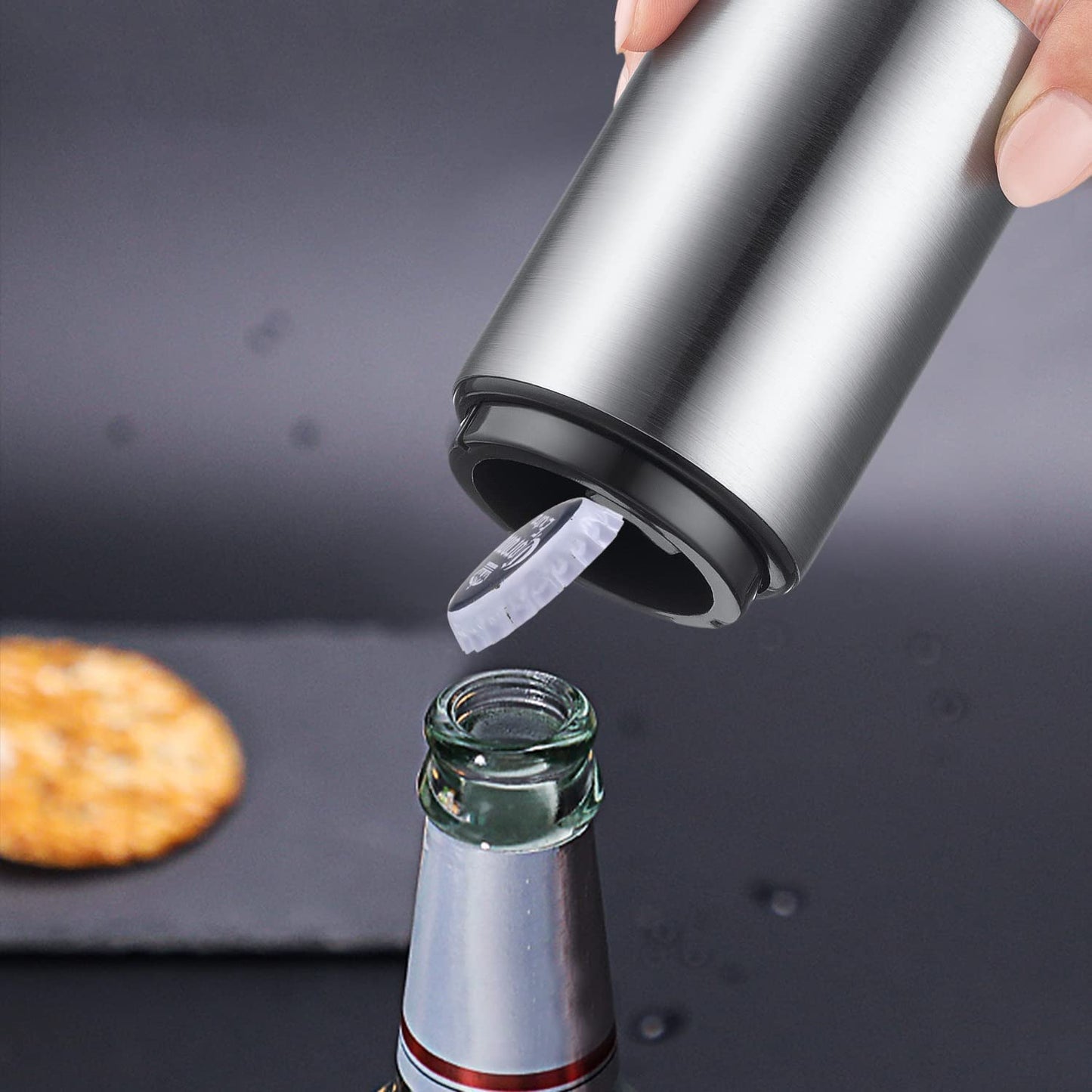 Beer Bottle Opener, Magnetic Automatic Stainless Steel Push Down Opener, No Cap Can Escape, Quick Open for Kitchen, Home Bar & Restaurant Utensils