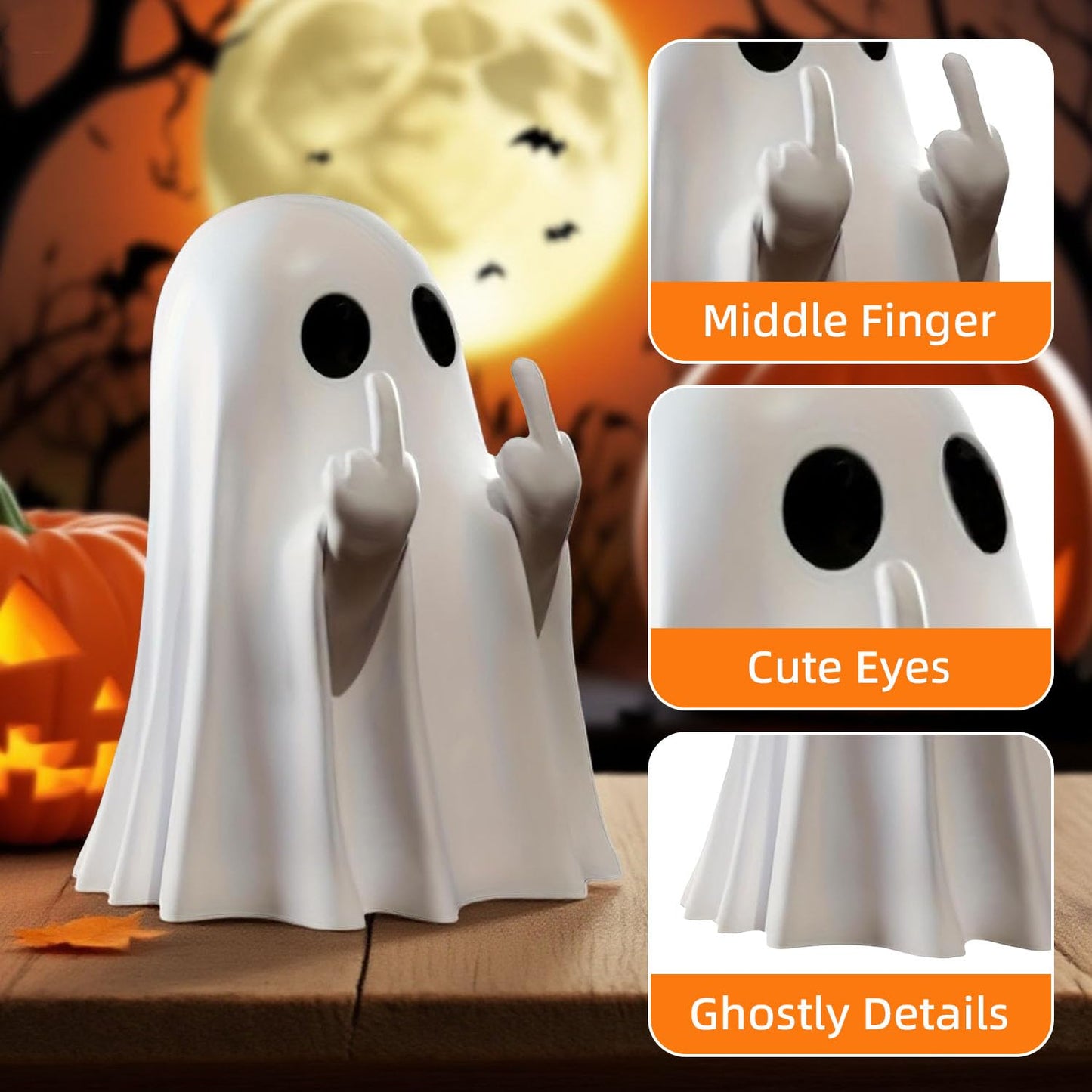 Halloween Ghost Figurine-Spooky Resin Middle Finger Ghost Statue, Cute Ghost Decor for Halloween Decorations, Porch and Indoor Creepy Home Decor (Middle Finger Ghost)