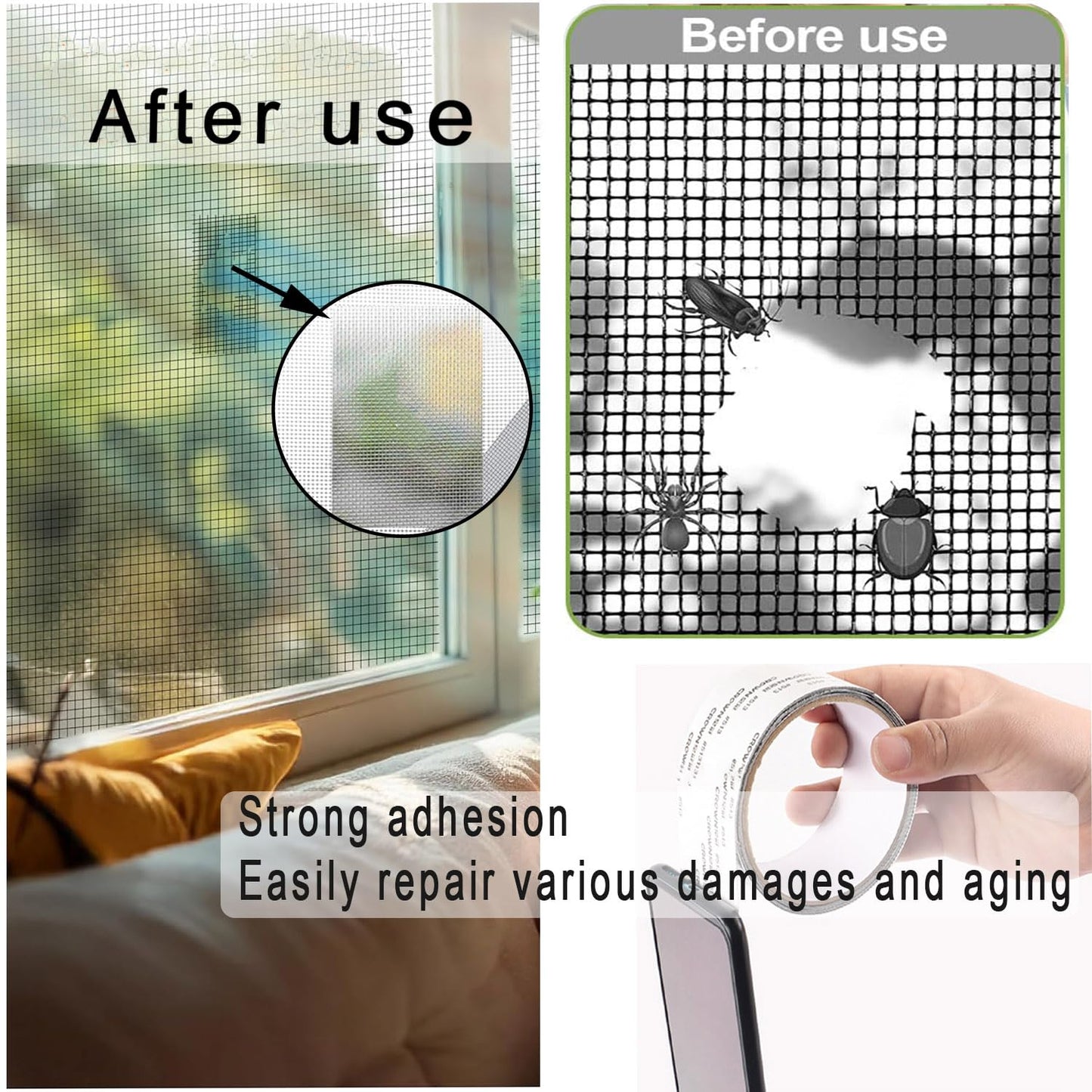 Window Screen Repair Tape, Adhesive Gray Screen Repair Strip, Durable Fiberglass Mesh Tape for Restoring Window and Door Screens