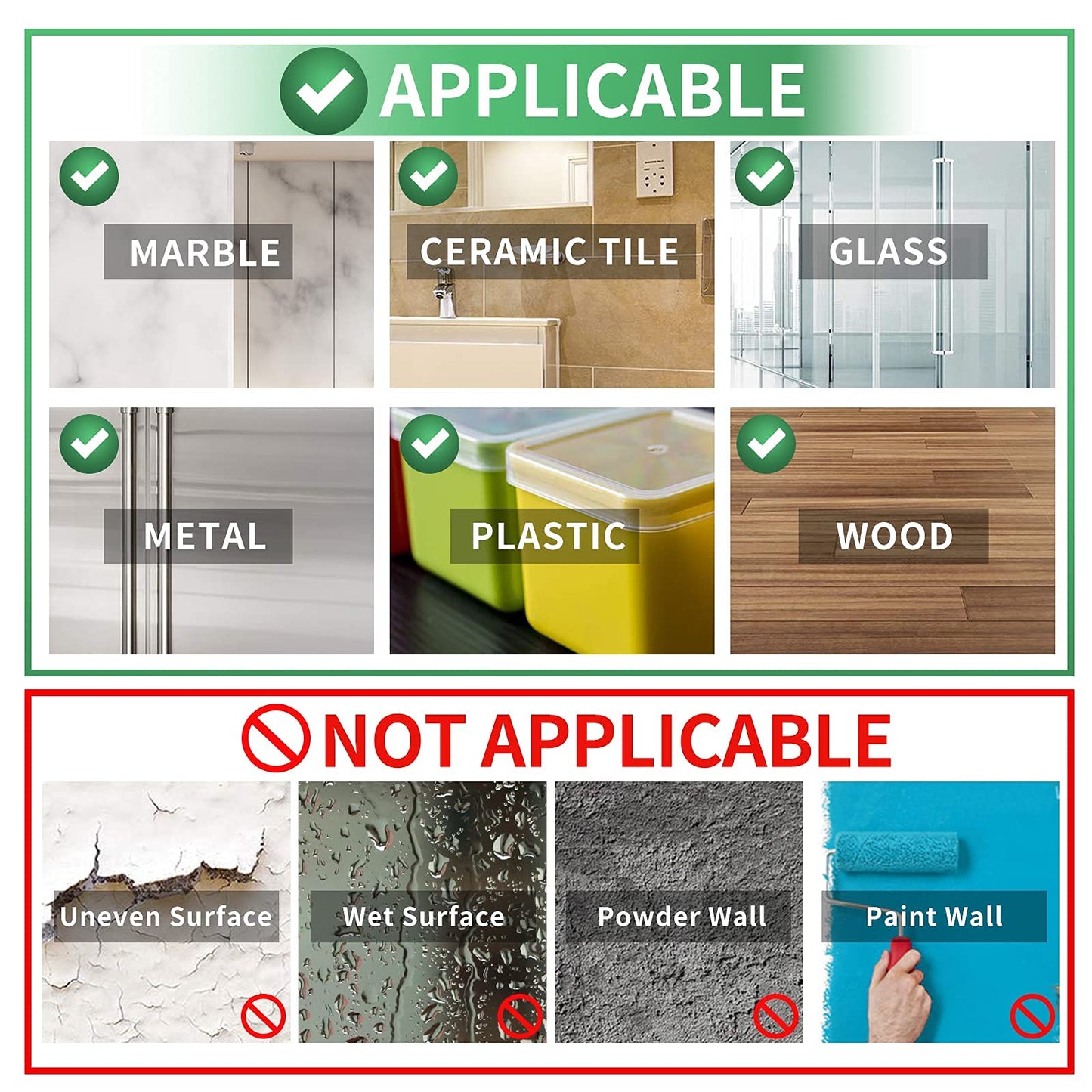 Three sets of heavy-duty double-sided tape (9.85 feet), nano double-sided tape, clear installation tape pictures, hanging ADHESIVE strips