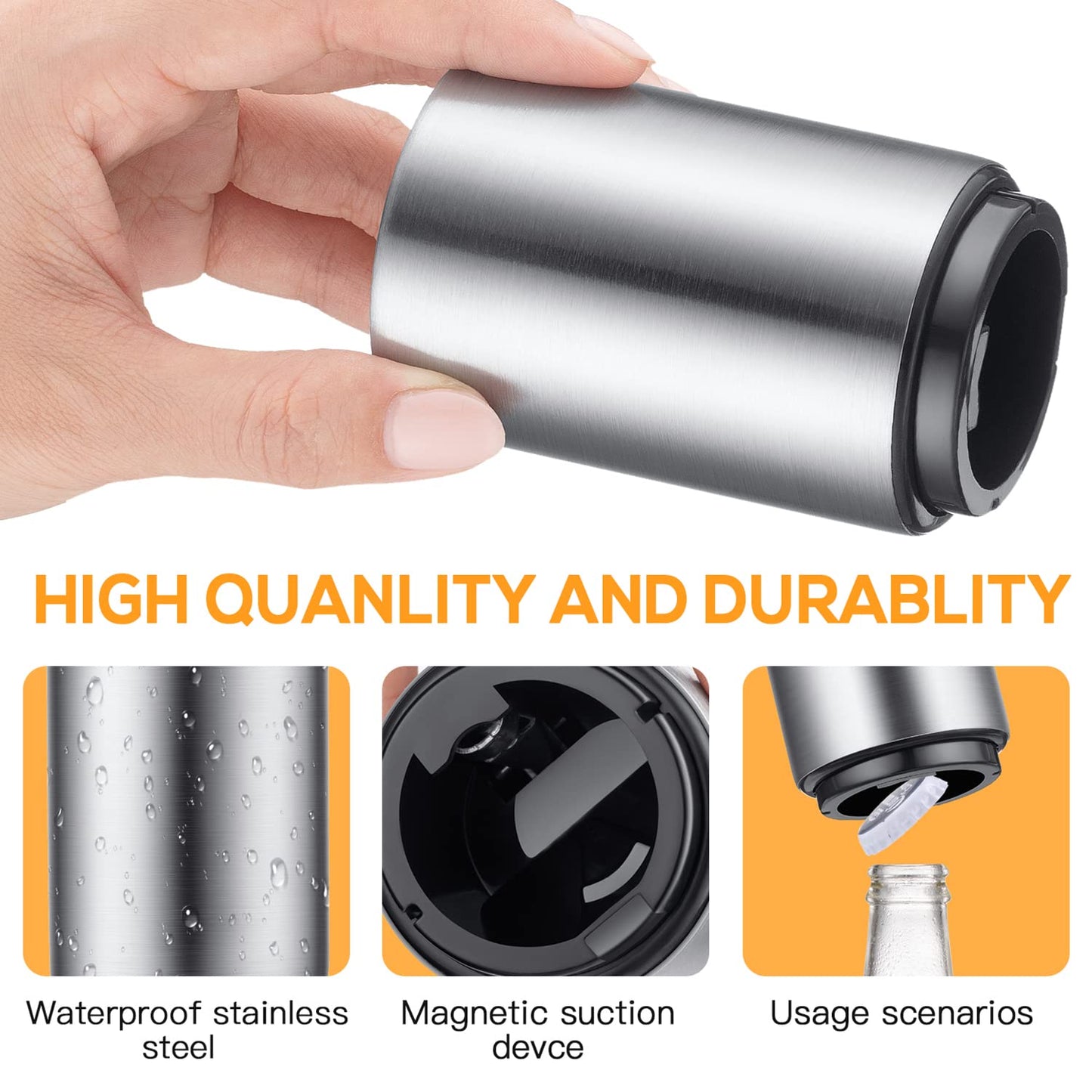 Beer Bottle Opener, Magnetic Automatic Stainless Steel Push Down Opener, No Cap Can Escape, Quick Open for Kitchen, Home Bar & Restaurant Utensils