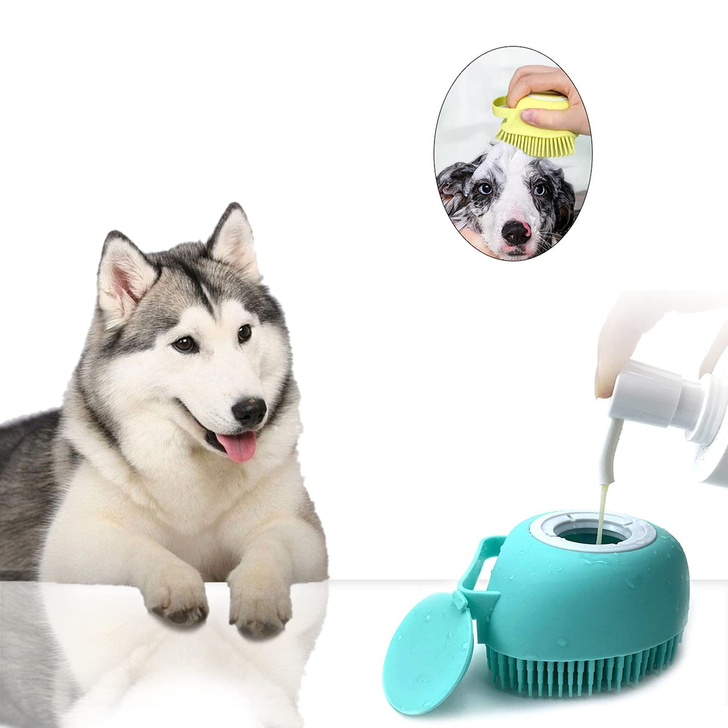 Silicone Pet Bath Brush & Shampoo Dispenser - Gentle Massage Grooming Tool for Dogs & Cats, Ergonomic Waterproof Brush with Easy- Detachable Head