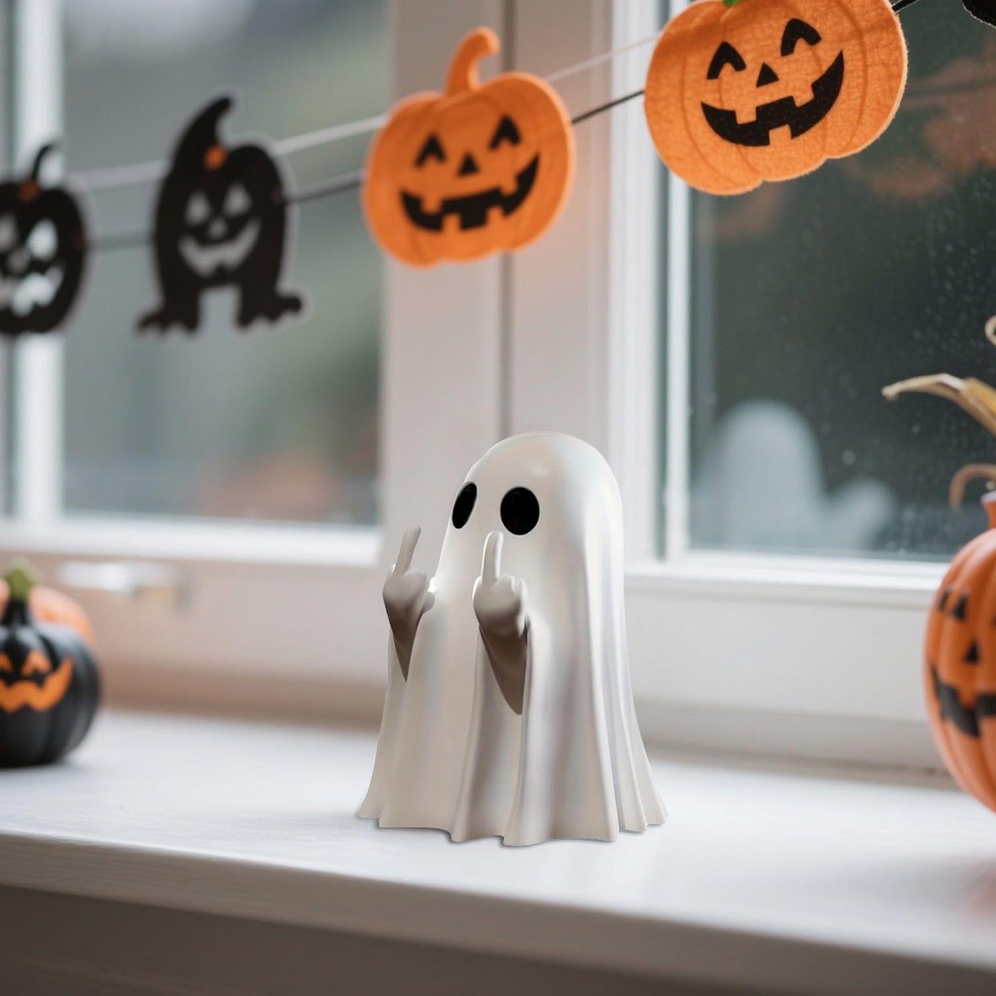 Halloween Ghost Figurine-Spooky Resin Middle Finger Ghost Statue, Cute Ghost Decor for Halloween Decorations, Porch and Indoor Creepy Home Decor (Middle Finger Ghost)