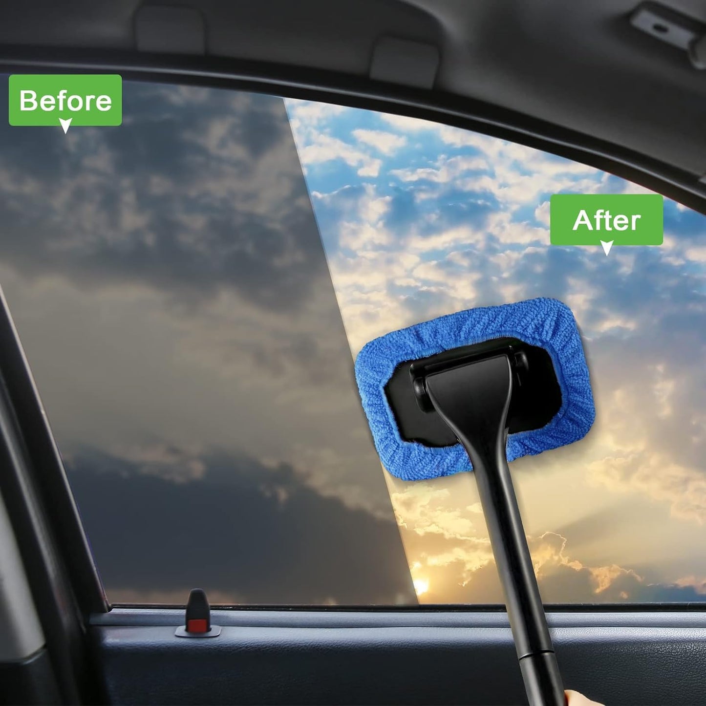 Windshield Cleaner Tool Car Window Cleaner with2 Reusable and Washable Microfiber Pads and Flexible Extendable Handle Auto Inside Glass Wiper Kit