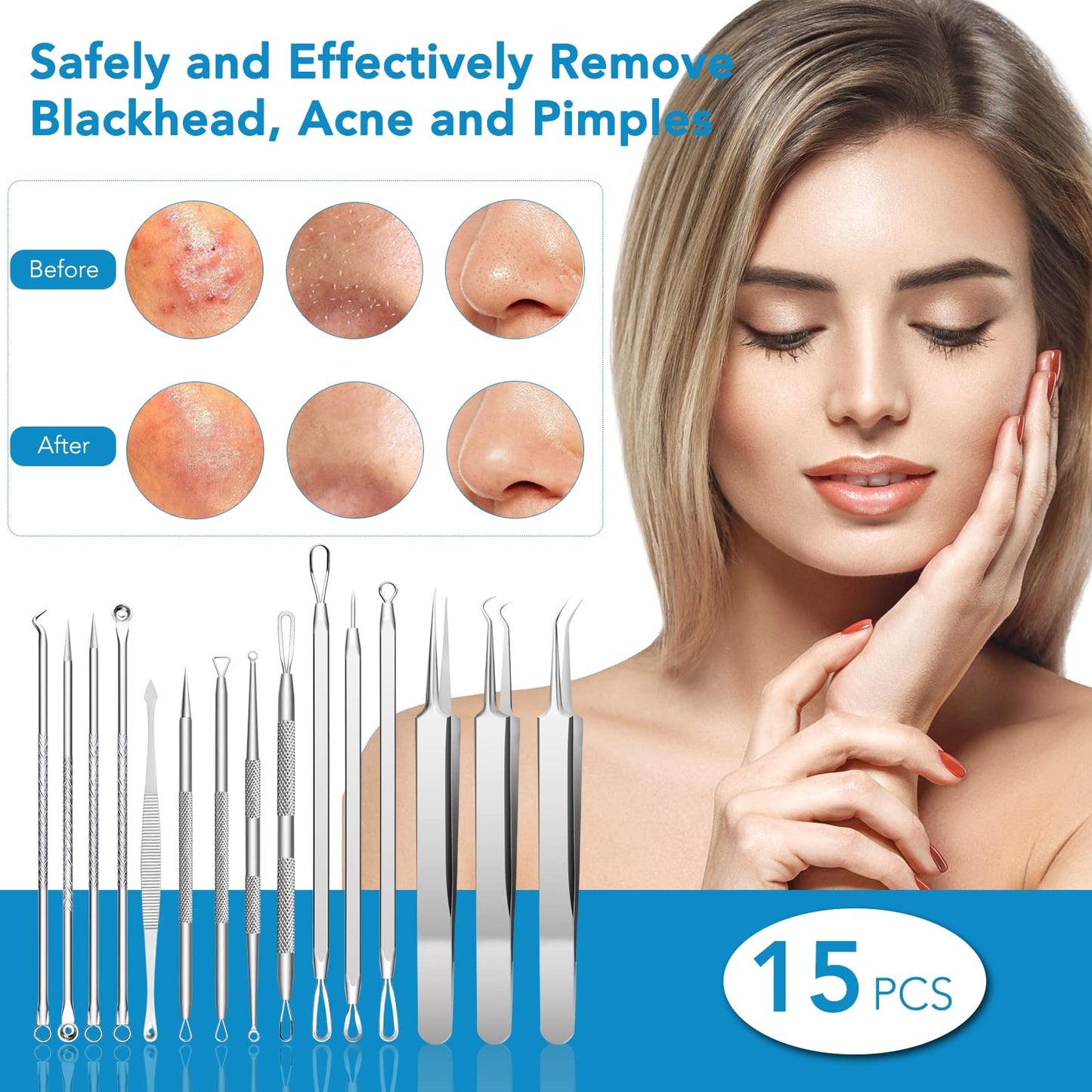Blackhead Remover Tools, 15 PCS Pimple Popper Tool Kit, Acne Blackhead Tools for Blemish,410 Premium Professional Stainless Acne Pimple Extractor Tool with Metal Box