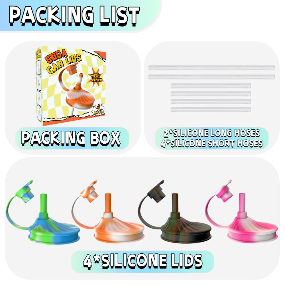 4-Pack Reusable Silicone Soda Can Lids with Straw - Fits Standard Cans, Perfect for Coke, Beer, Juice & Energy Drinks, Ideal for Children's Gifts