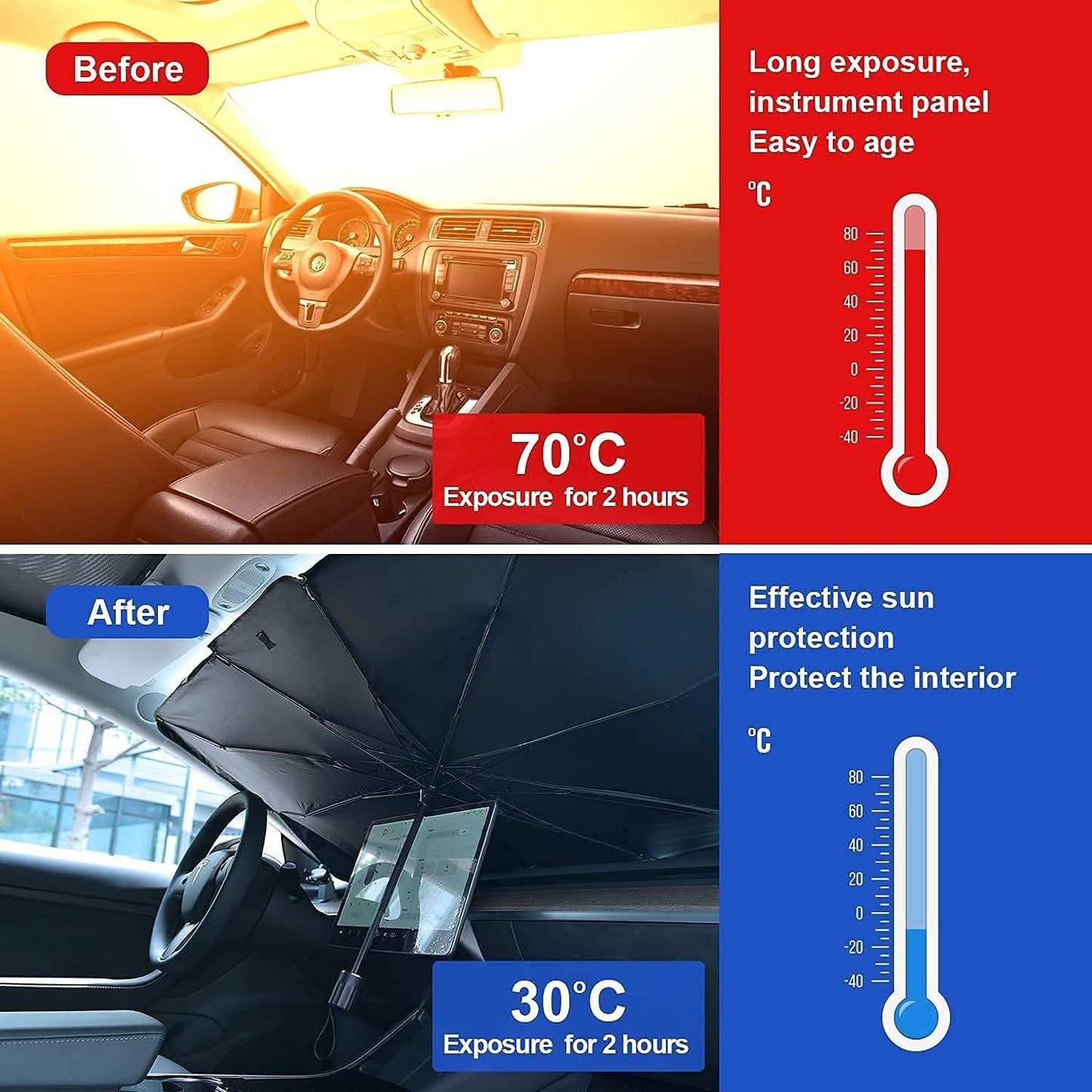 Compact -Fold Anti-UV Windshield Sunshade, Multipurpose Car Front Window Heat Protective Umbrella for Sedan SUVs, Automotive Exterior Accessories for Men &Women, Car Stuff, Vehicle