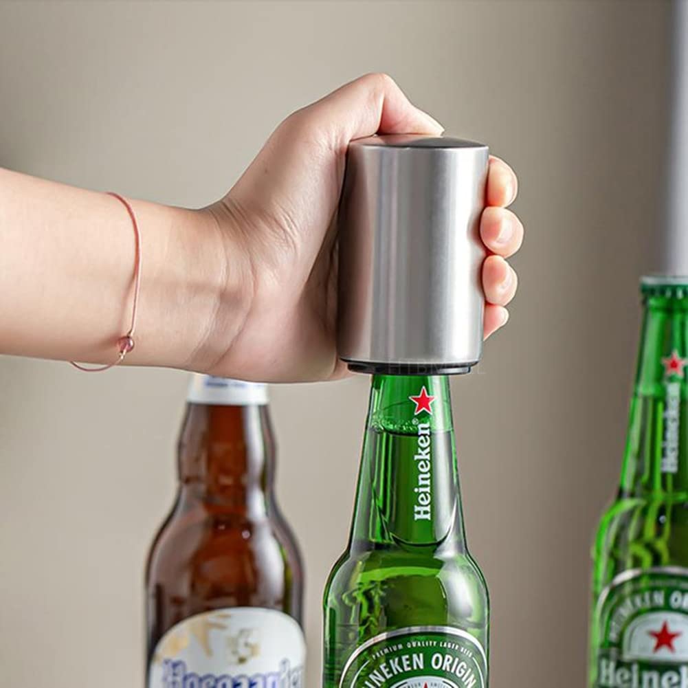 Beer Bottle Opener, Magnetic Automatic Stainless Steel Push Down Opener, No Cap Can Escape, Quick Open for Kitchen, Home Bar & Restaurant Utensils