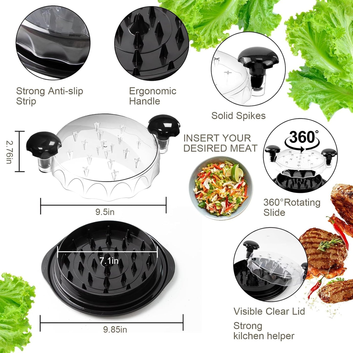 Large Chicken Breast Shredder Tool, Transparent Lid Meat Grinder, Anti - Slip Strip,Ergonomic Handle, BPA Free, Perfect Utensils for Pork, Beef, Chicken. Kitchen Gadaets