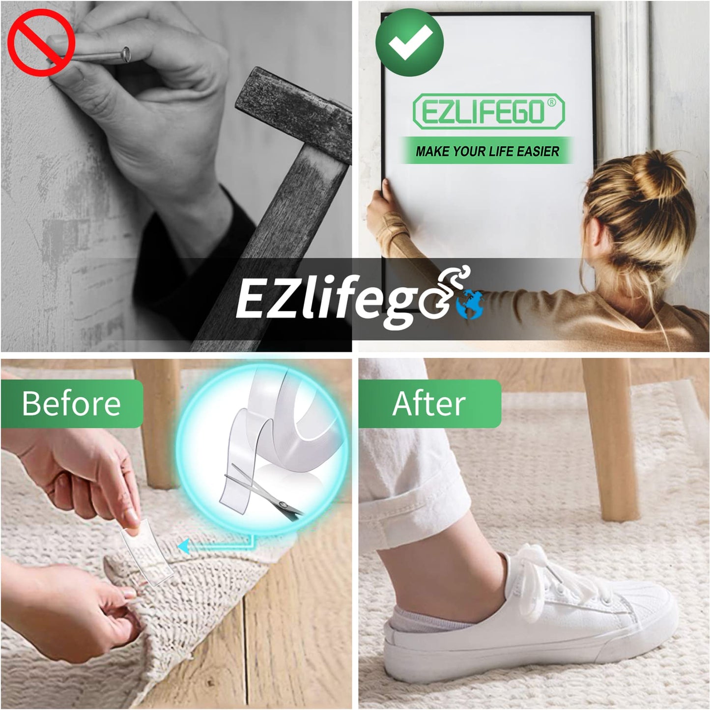 Three sets of heavy-duty double-sided tape (9.85 feet), nano double-sided tape, clear installation tape pictures, hanging ADHESIVE strips