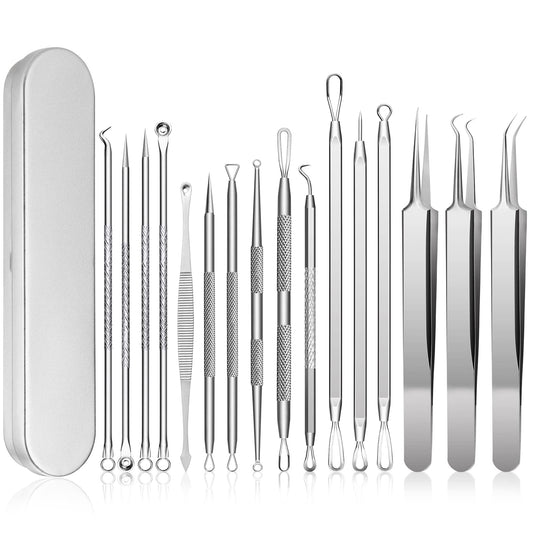 Blackhead Remover Tools, 15 PCS Pimple Popper Tool Kit, Acne Blackhead Tools for Blemish,410 Premium Professional Stainless Acne Pimple Extractor Tool with Metal Box Set