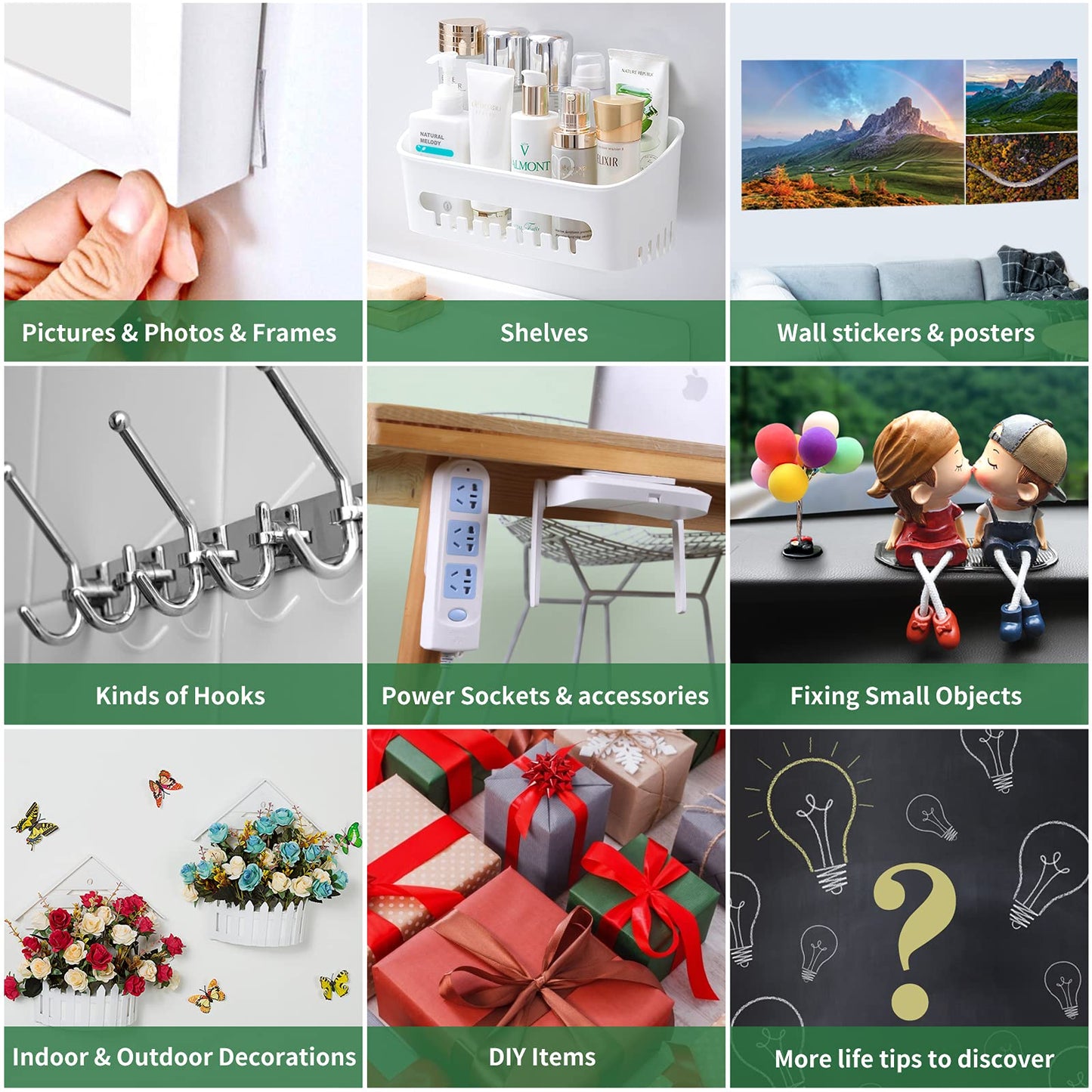 Three sets of heavy-duty double-sided tape (9.85 feet), nano double-sided tape, clear installation tape pictures, hanging ADHESIVE strips