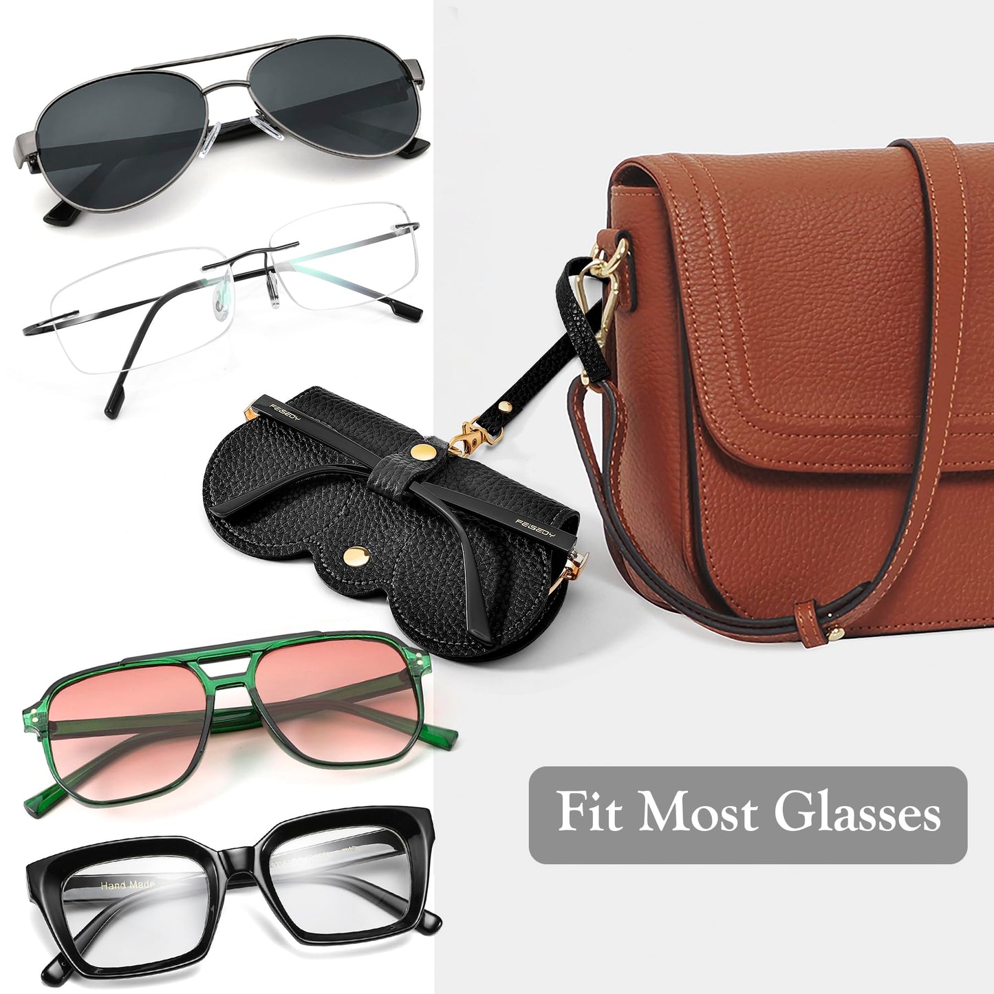 Sleek Litchi Embossed PU Leather Reading Glasses Case -Portable, Travel - Friendly & Protective Hanging Storage Bag
