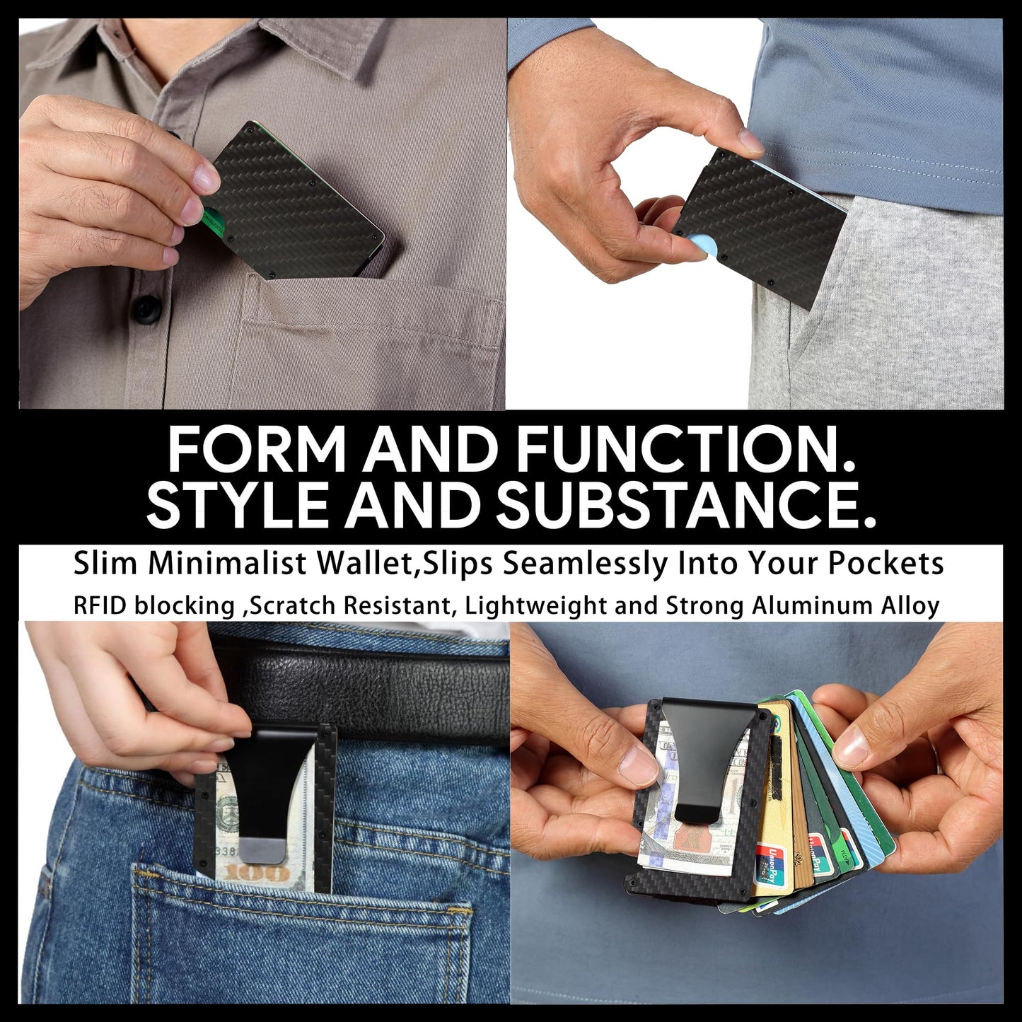 Carbon Fiber Wallet, Metal Money Clip Wallet, Minimalist Wallet for Men, Slim Aluminum Holder Pocket Cash Credit Card Holder compact wallet